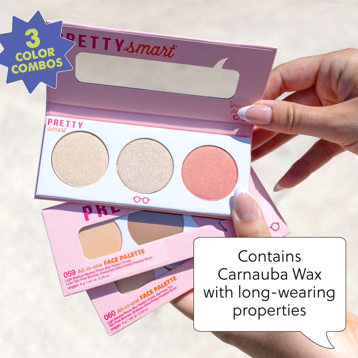 3 Color Combos Contains Carnauba Wax with Long-wearing properties | All-in-one Face Palettes | Blush, Bronzer, Highlighter, Finishing Powder